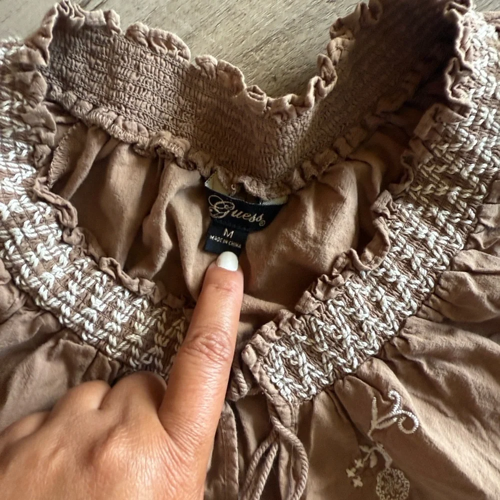 Guess Pink-Tan Smocked Neck Short Sleeve Blouse size M